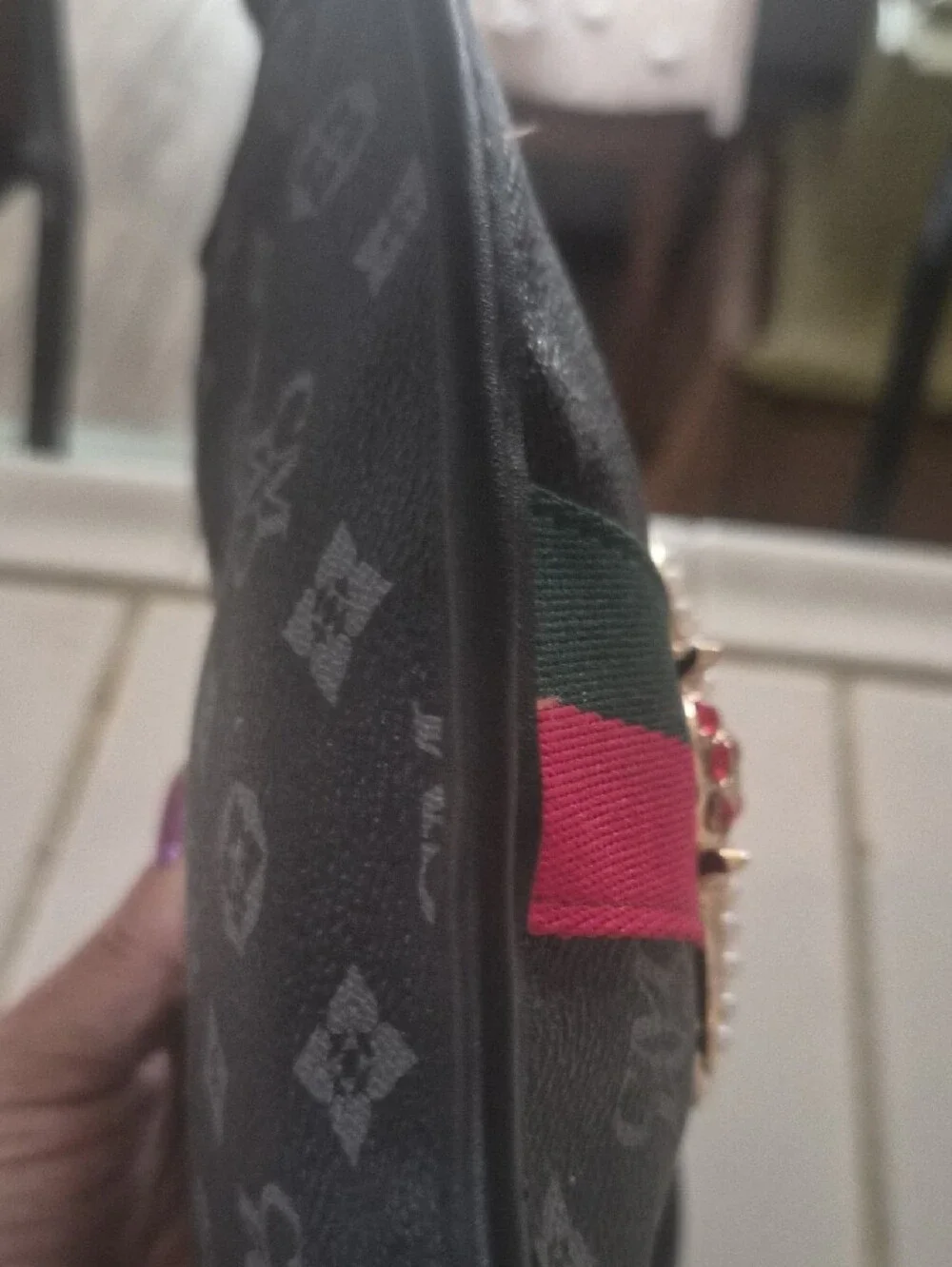 Charisma Black Crossbody Belt Bag with Red and Green Stripe and Pearl Bee